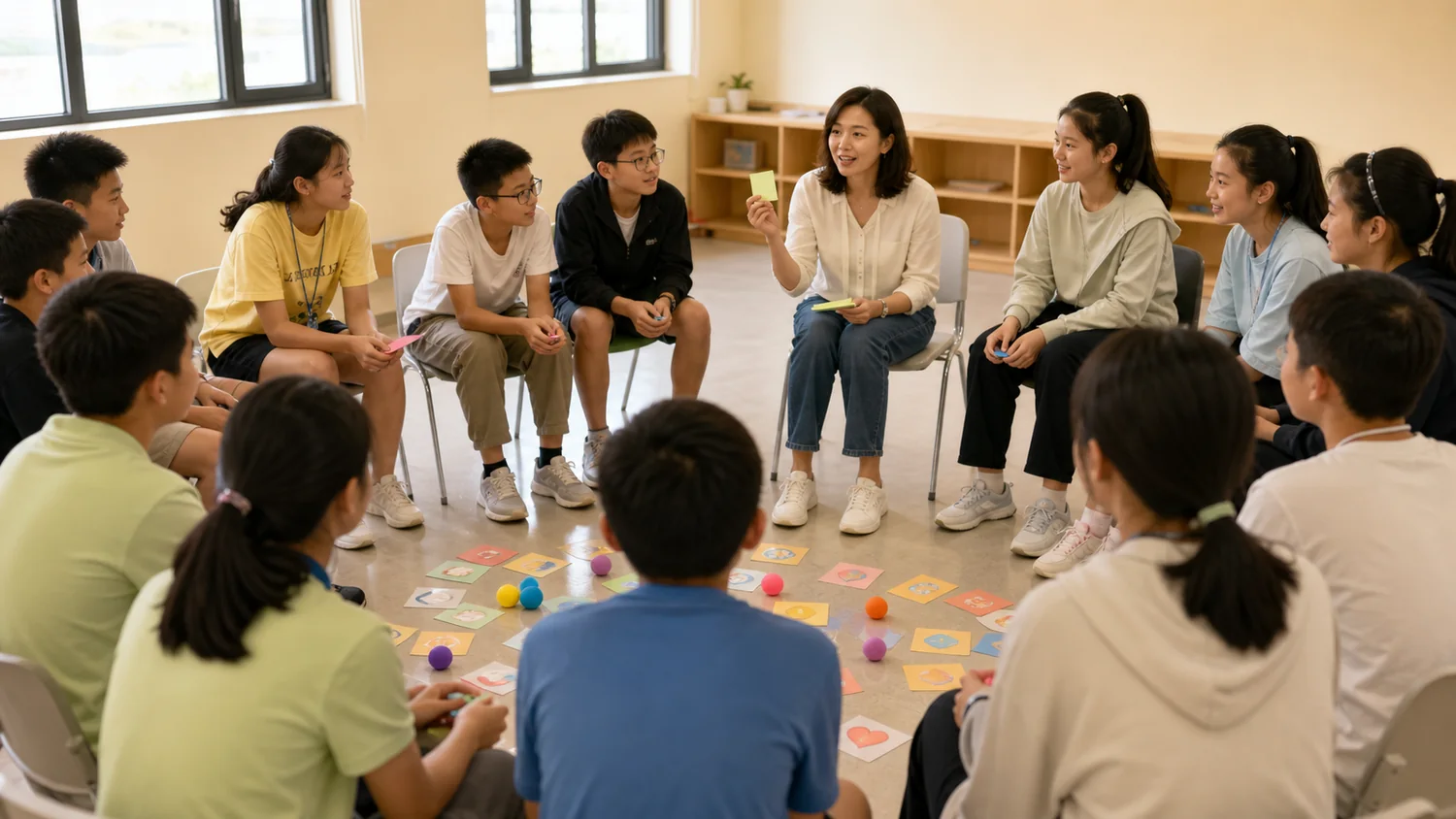 女老师带领中小学生进行心理互动游戏