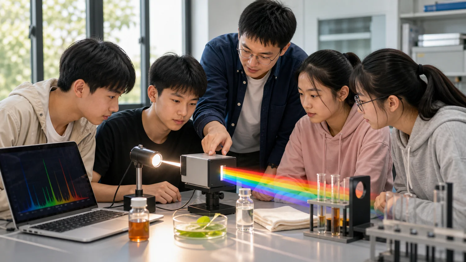 中国老师指导中学生进行光谱实验